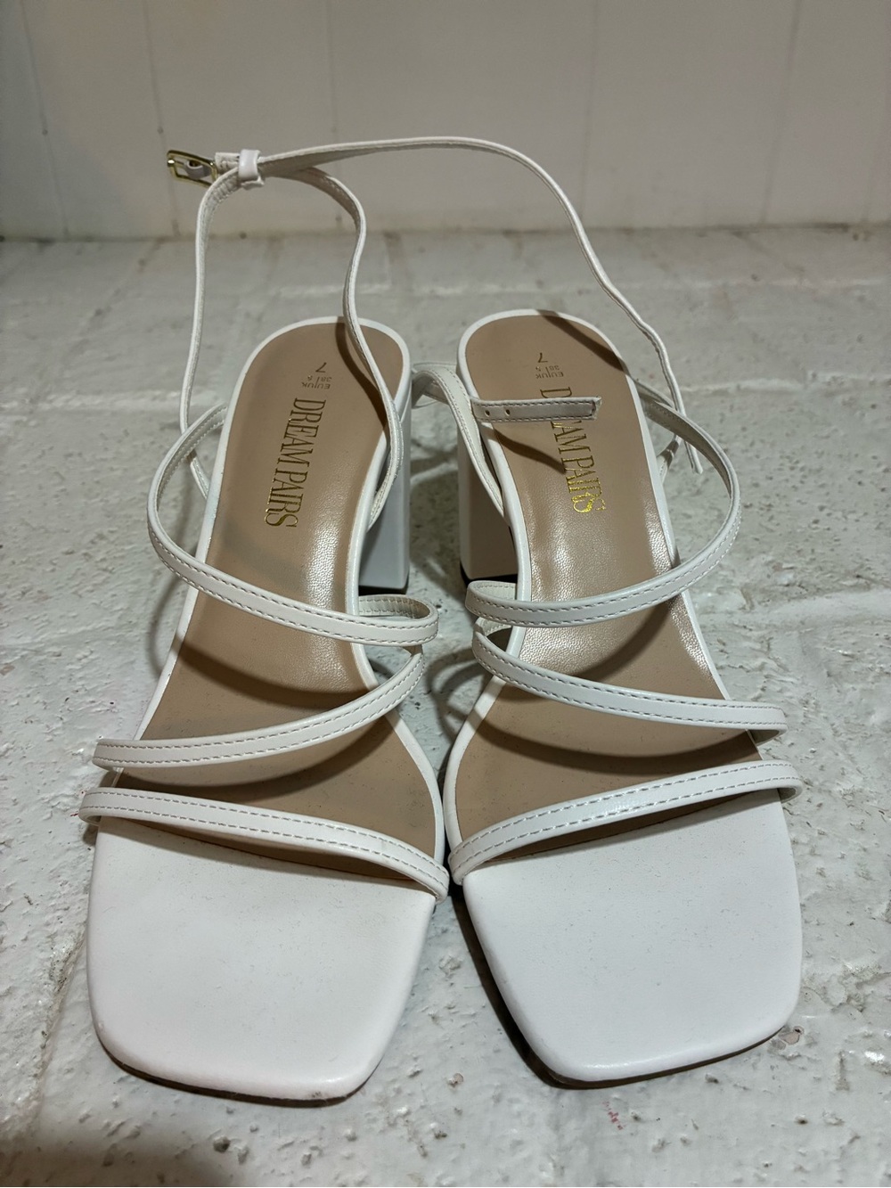 Dream Pairs White Strappy Square Toe Block Heels 3”